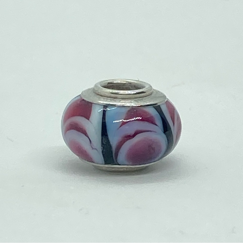 Amoré & Baci 925 Italy Pink White & Black Swirls Murano Glass Charm Bead